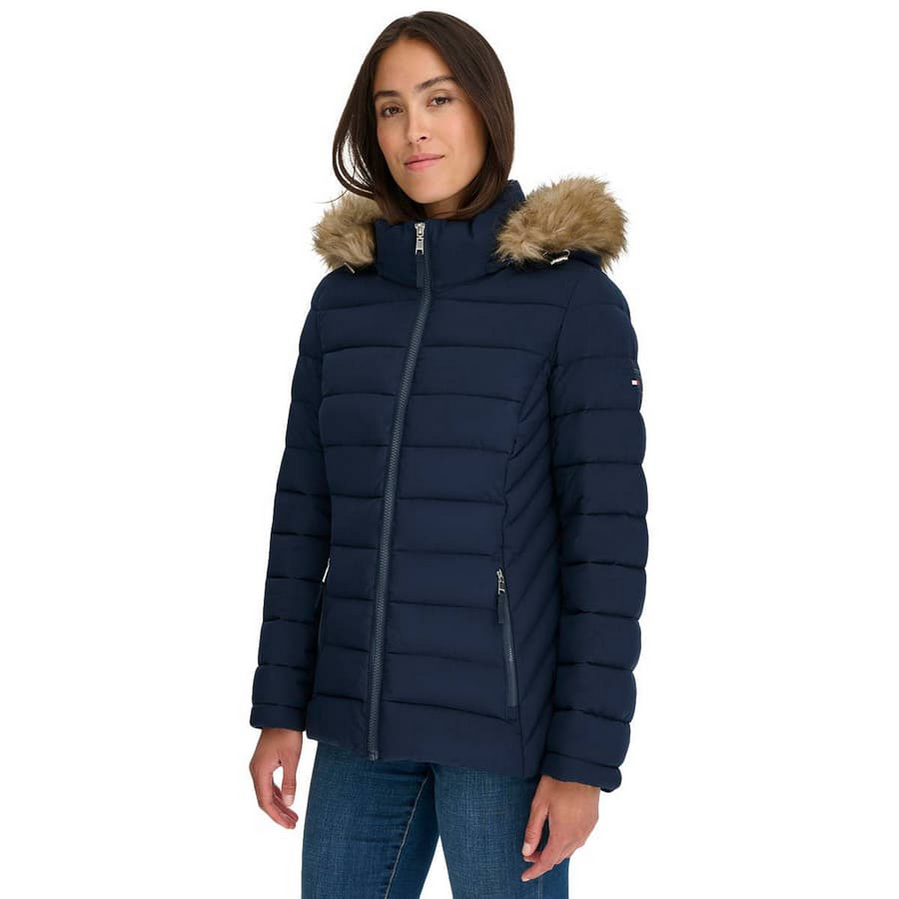 Womens Tommy Hilfiger Hooded Puffer Jacket with Faux Fur Trim