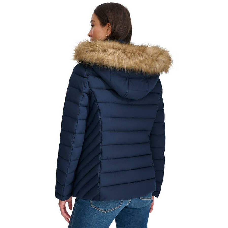 Womens Tommy Hilfiger Hooded Puffer Jacket with Faux Fur Trim