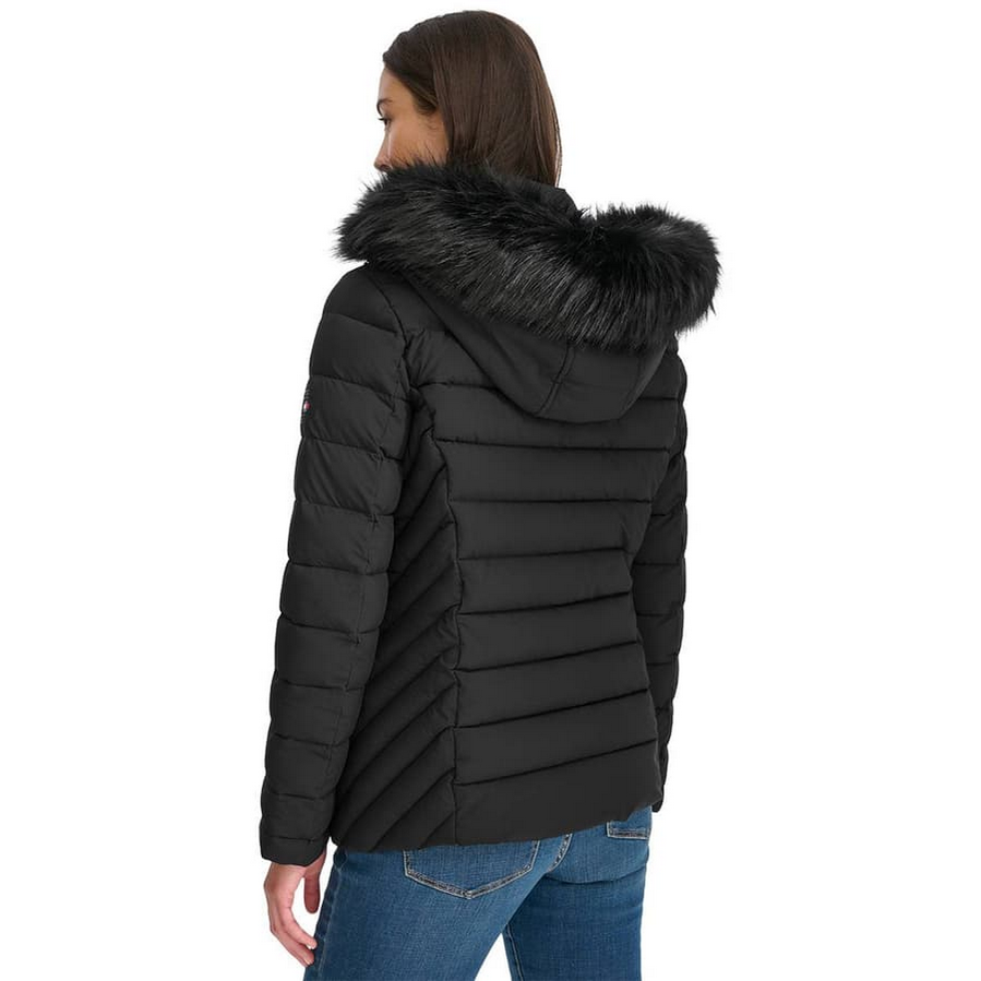 Womens Tommy Hilfiger Hooded Puffer Jacket with Faux Fur Trim