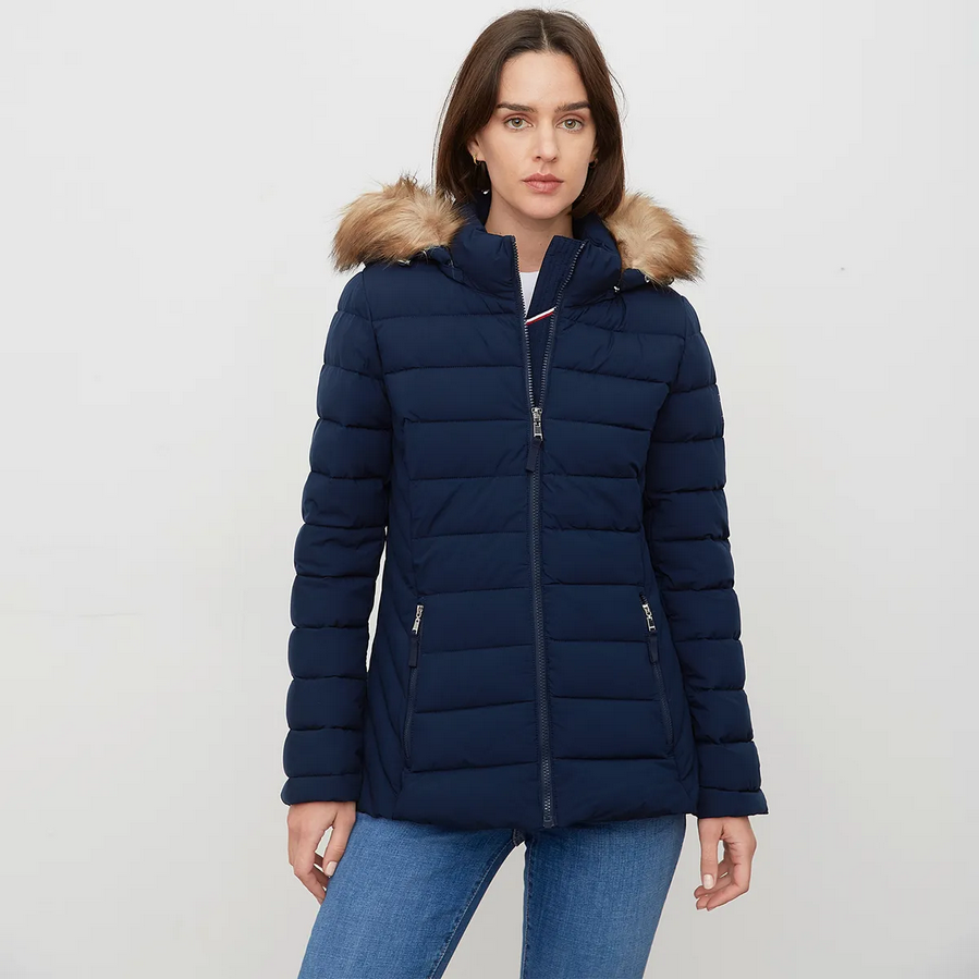 Womens Tommy Hilfiger Hooded Puffer Jacket with Faux Fur Trim