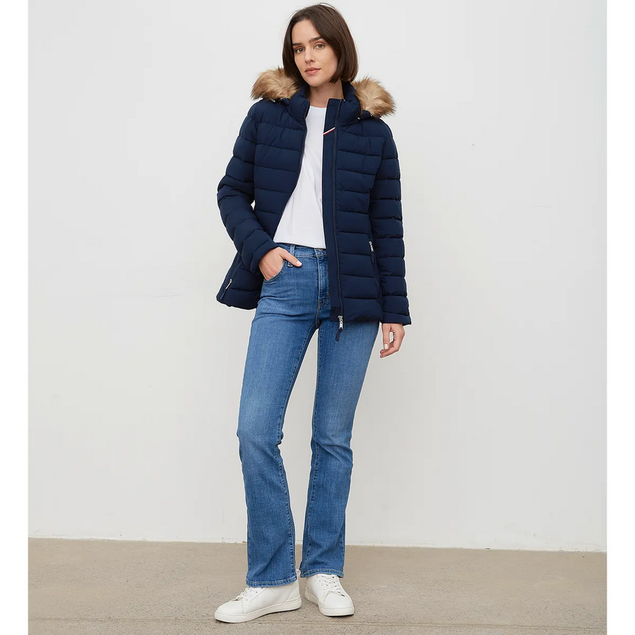 Womens Tommy Hilfiger Hooded Puffer Jacket with Faux Fur Trim