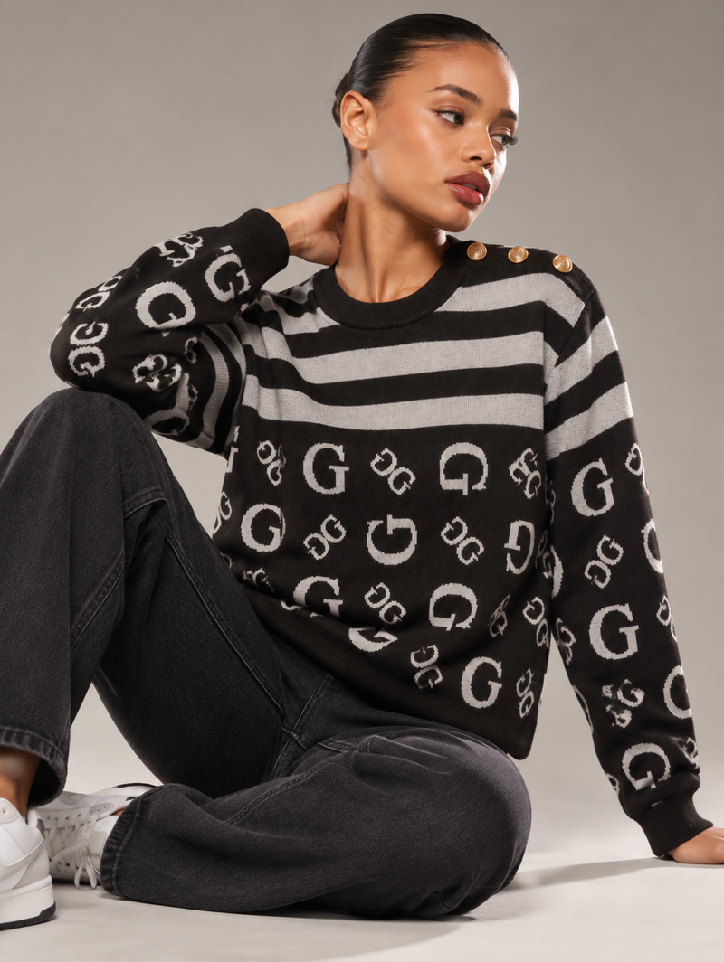 guess Allover Logo Striped Sweater with Shoulder Buttons