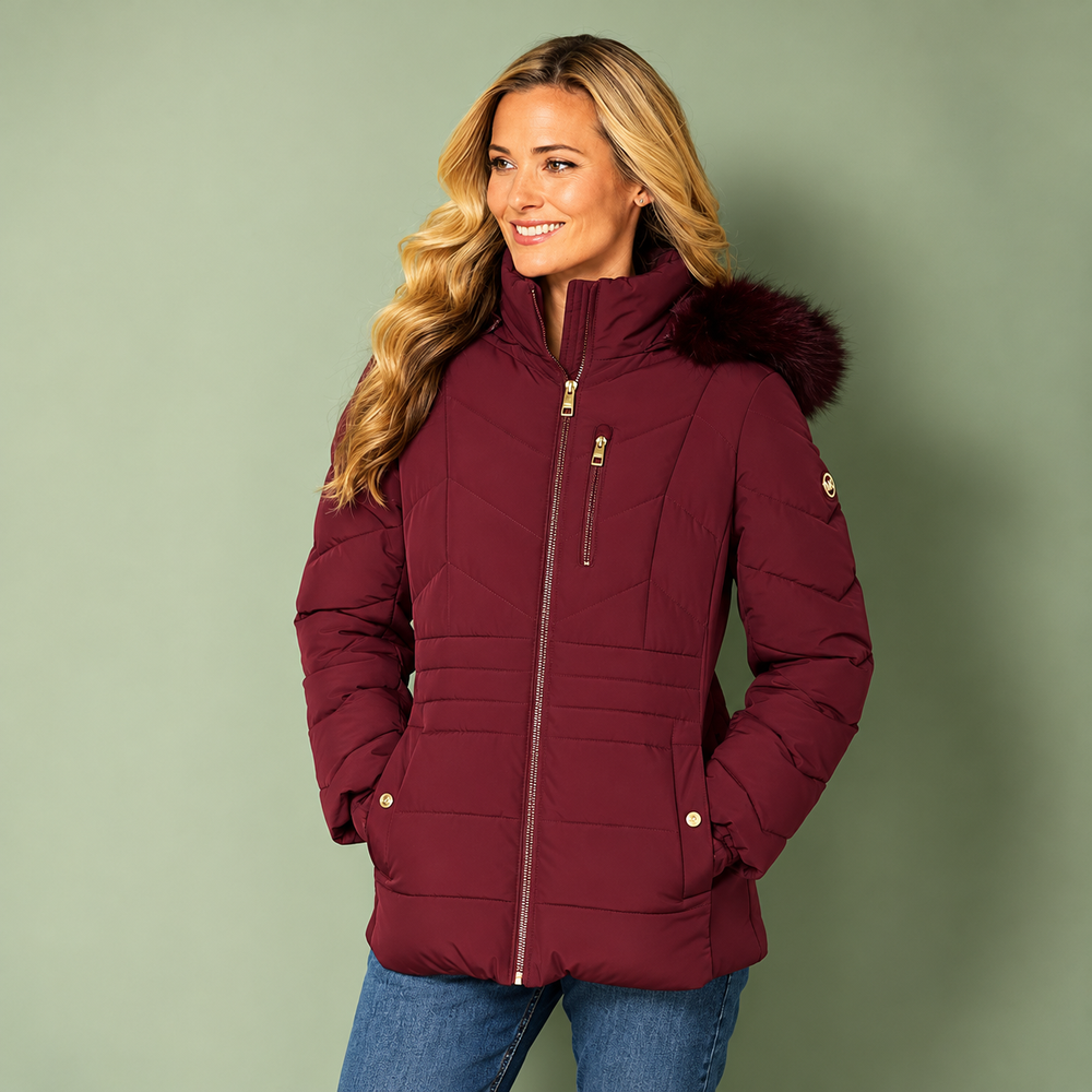 Michael Kors Puffer Coat Chest Zipper & Faux Fur Hood