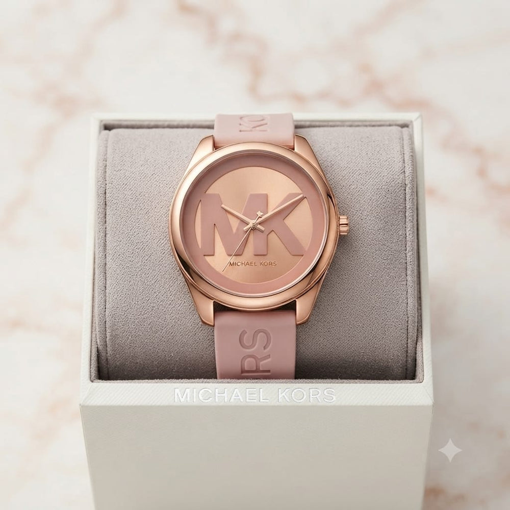 MICHAEL KORS MK7139 Janelle Rose Gold-Tone/Pink MK Logo Dial Watch BNWT