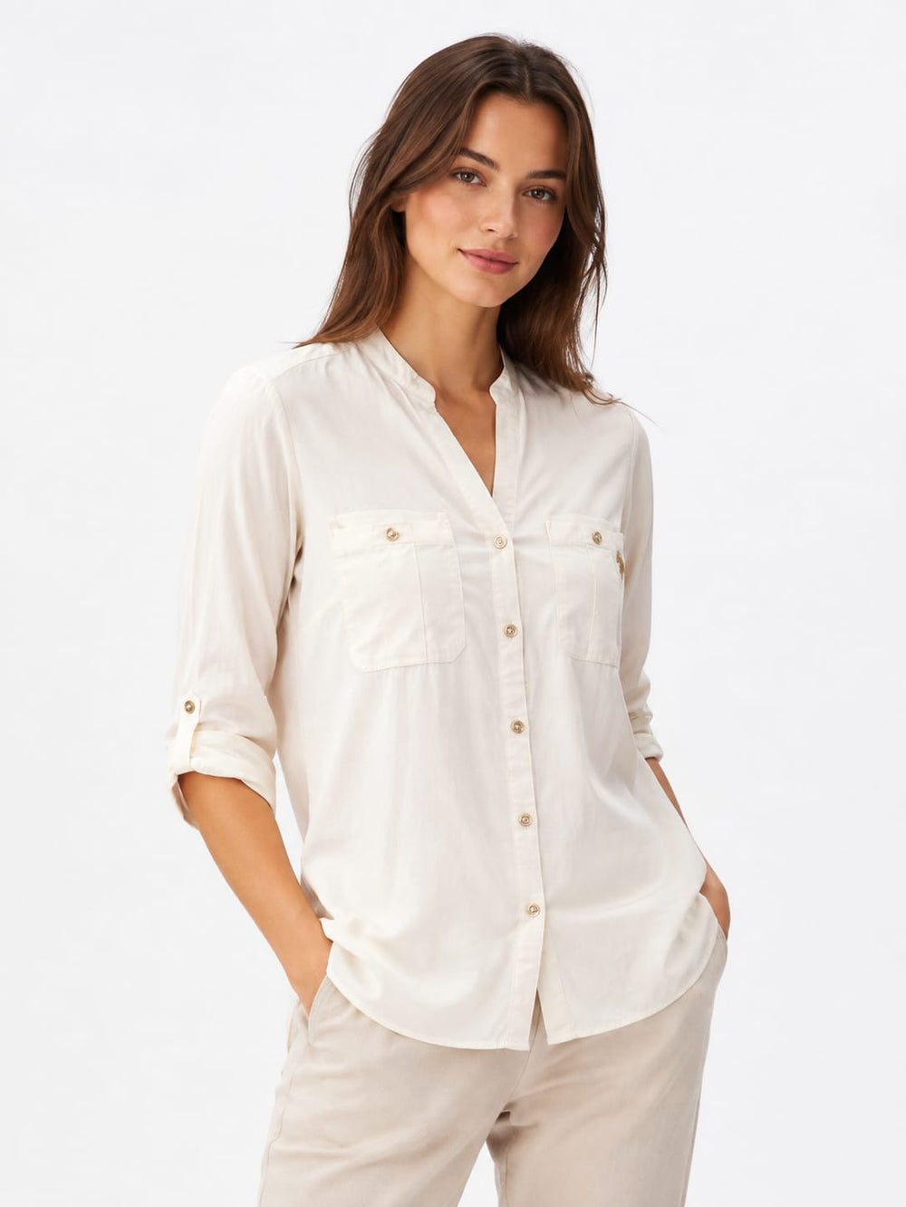 Womens Ladies Basic Shirt ( Mixed Material Slim Long-Sleeve Shirt)