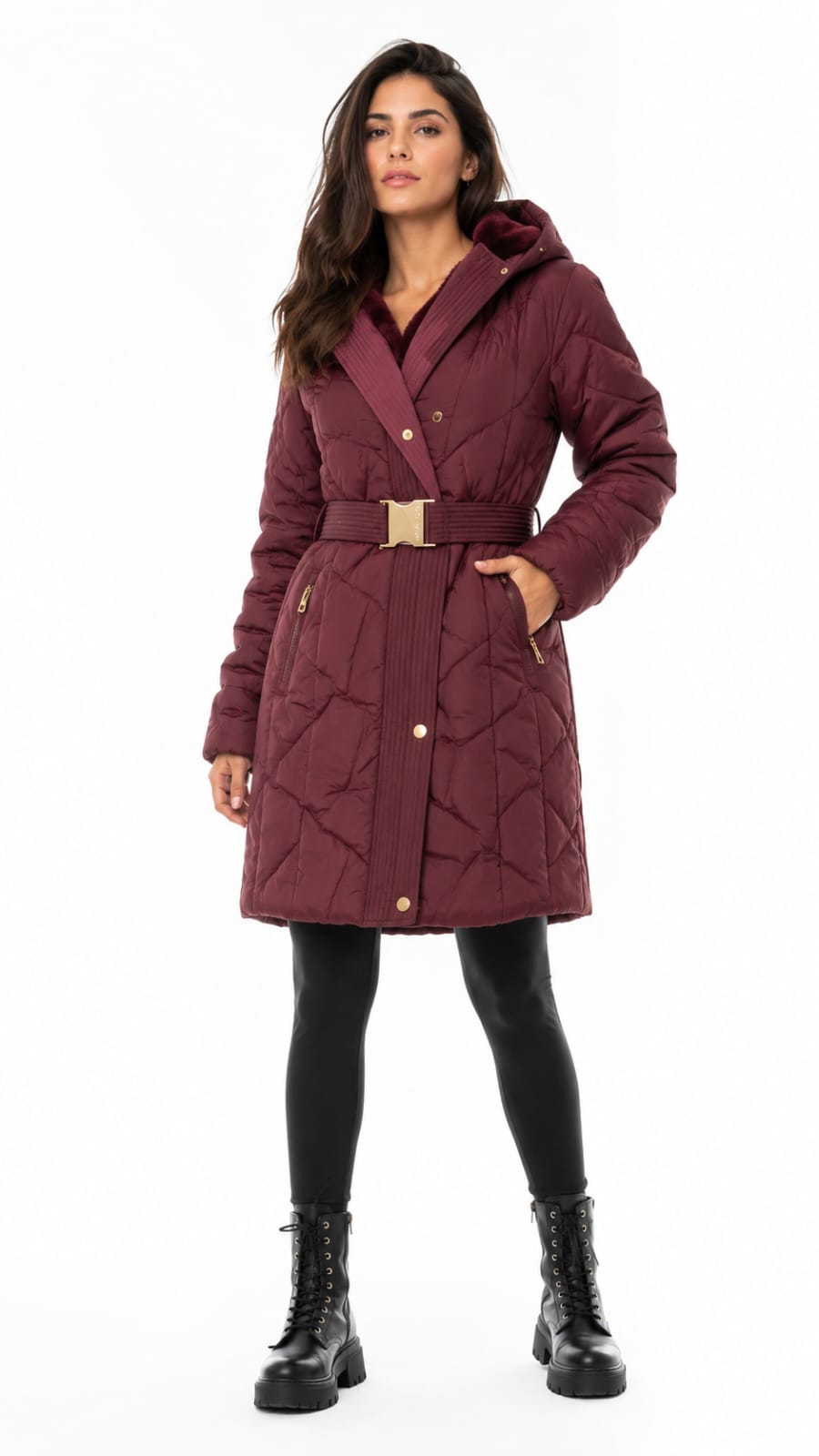 MICHAEL KORS Burgundy Belted Puffer Coat.