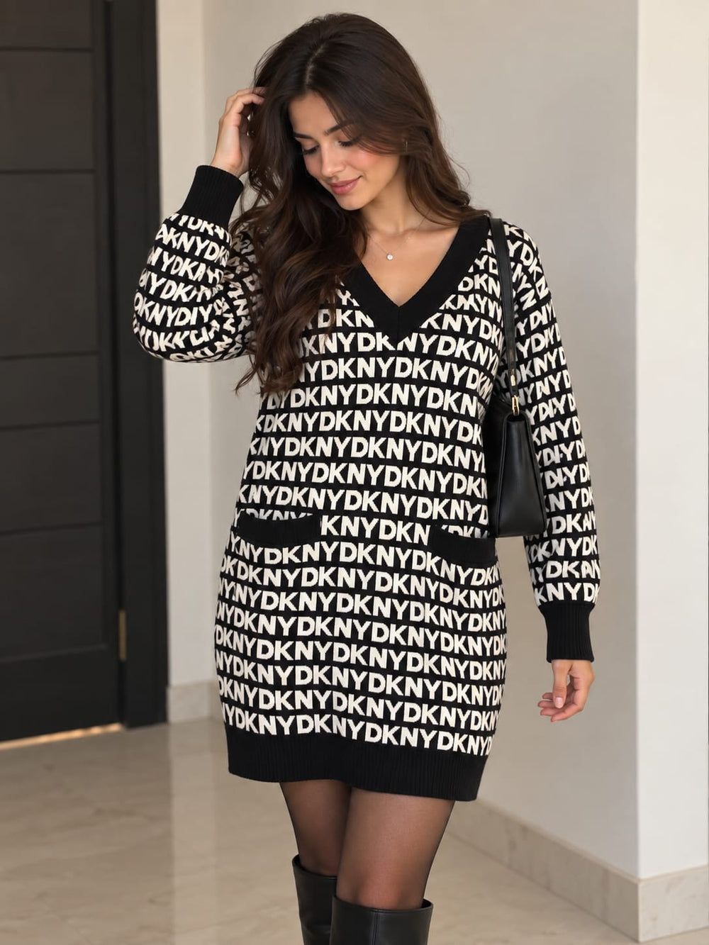 Women's Black / White DKNY Monogrammed Letter Dress