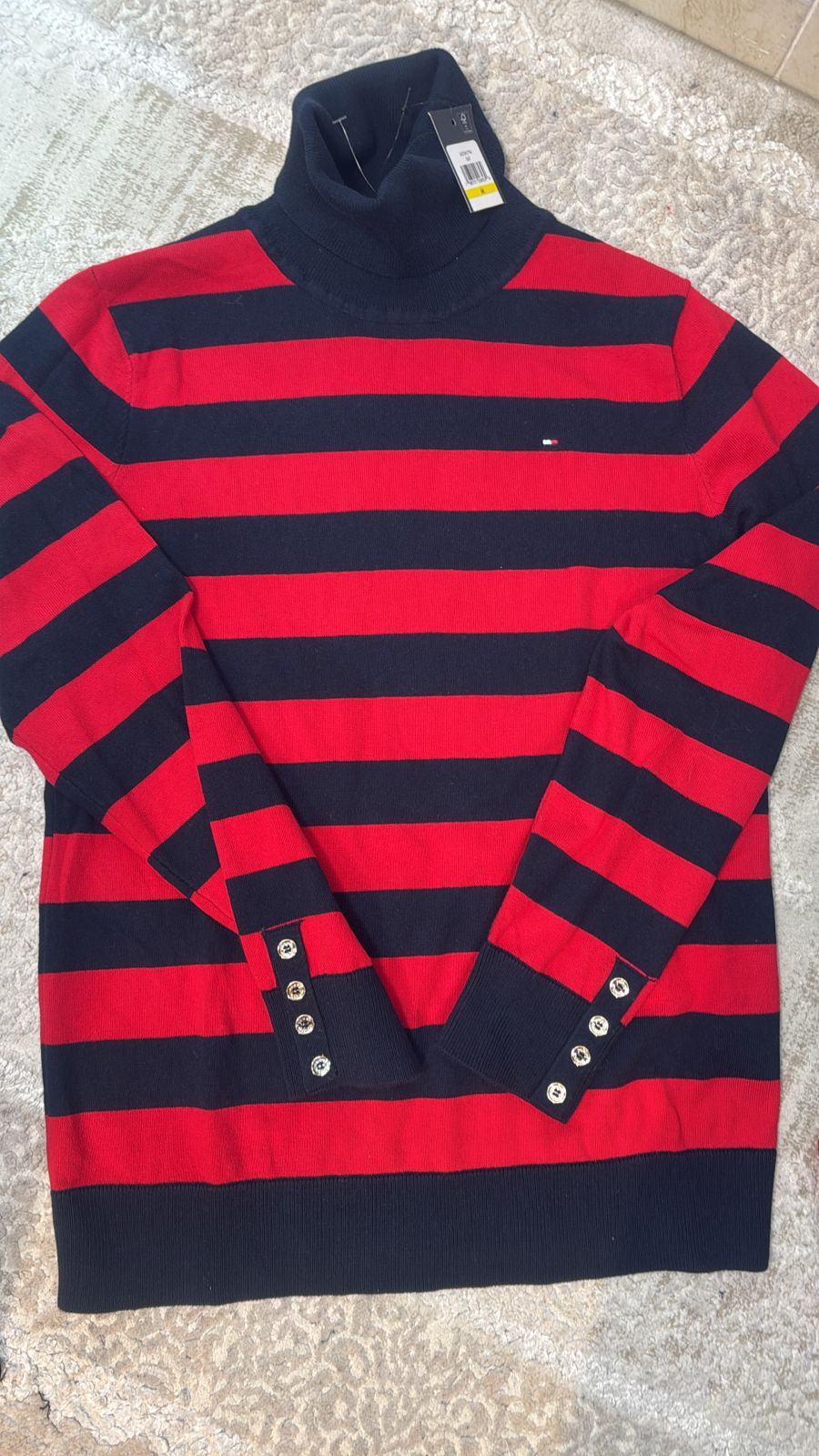 Tommy Hilfiger rugby stripe mock-neck sweater in red and blue with button cuffs