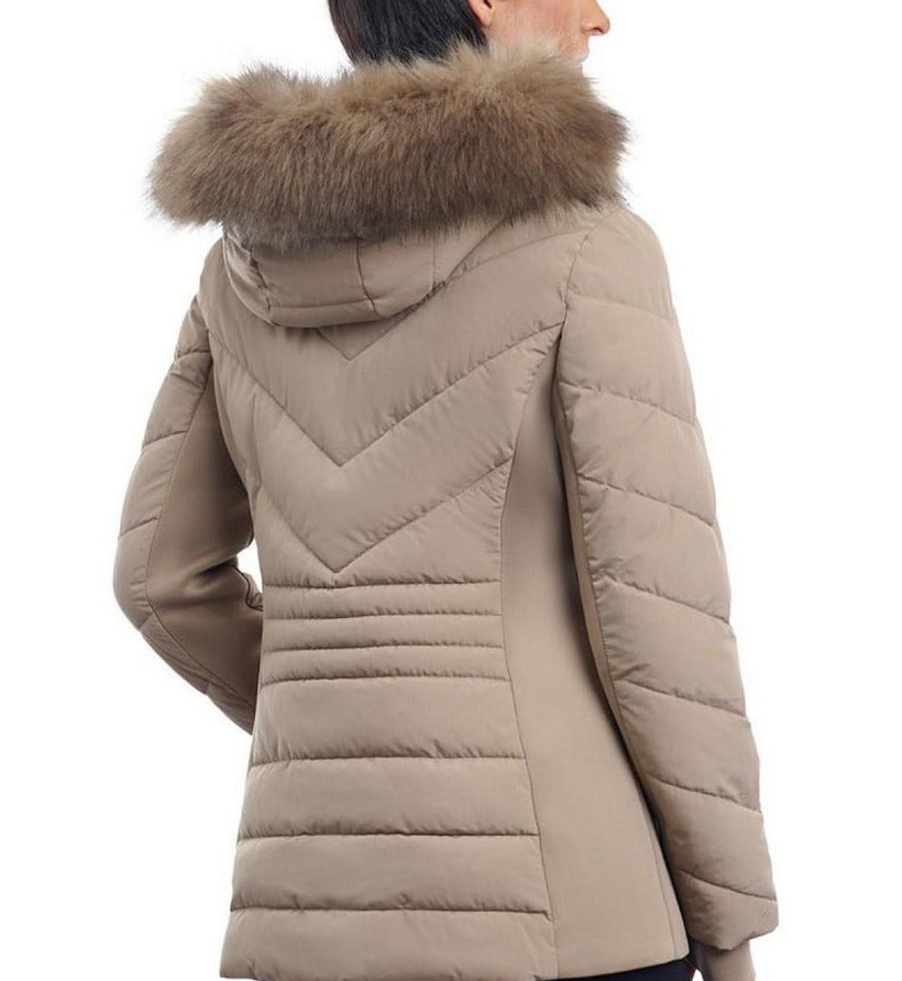 Michael Kors Puffer Coat Chest Zipper & Faux Fur Hood