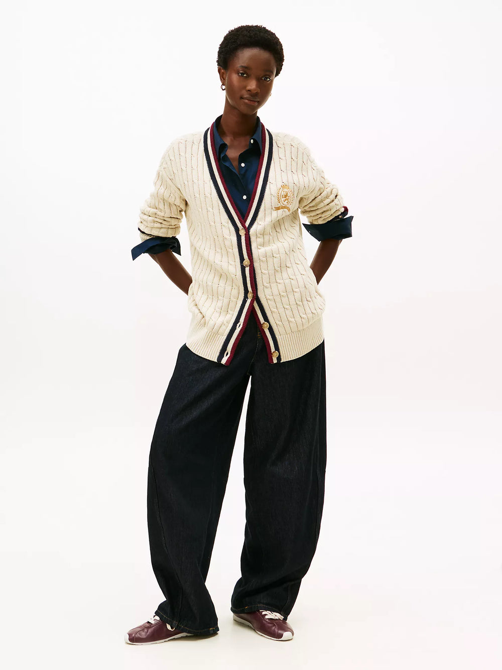 Cable Knit Crest Logo Varsity Cardigan