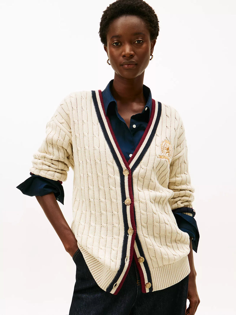 Cable Knit Crest Logo Varsity Cardigan