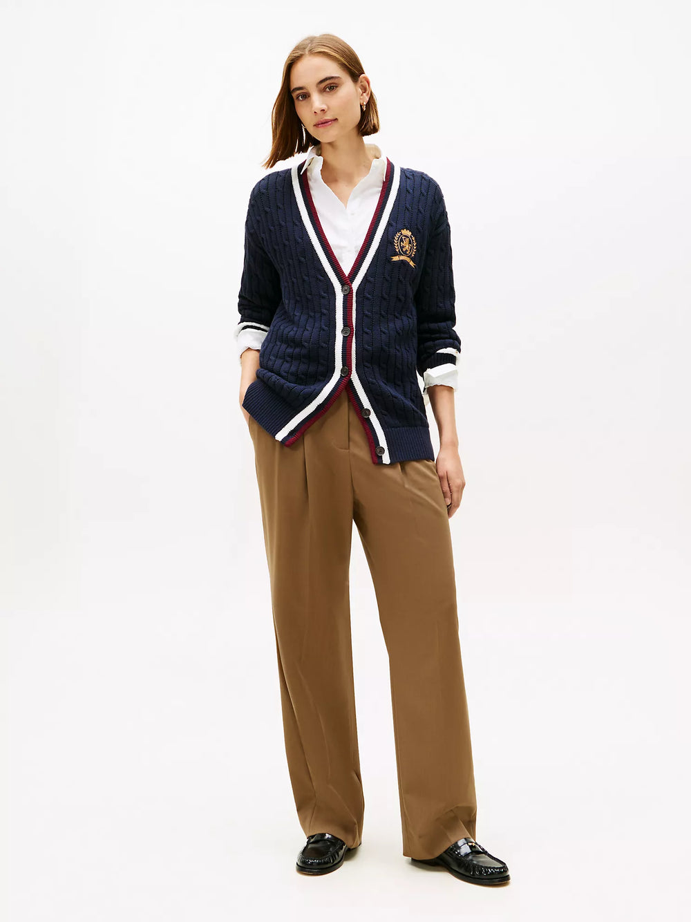 Cable Knit Crest Logo Varsity Cardigan