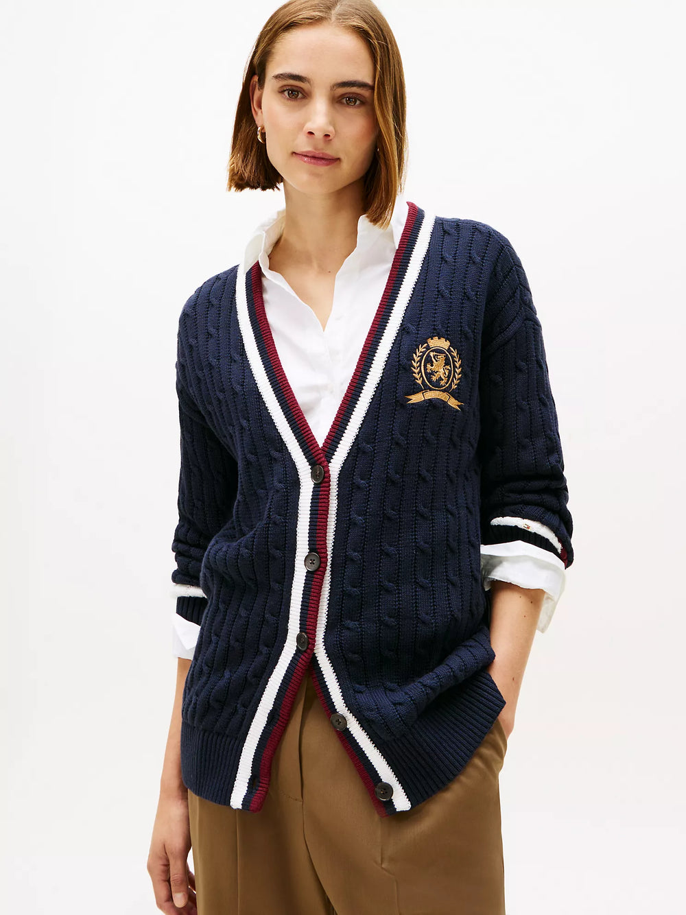 Cable Knit Crest Logo Varsity Cardigan