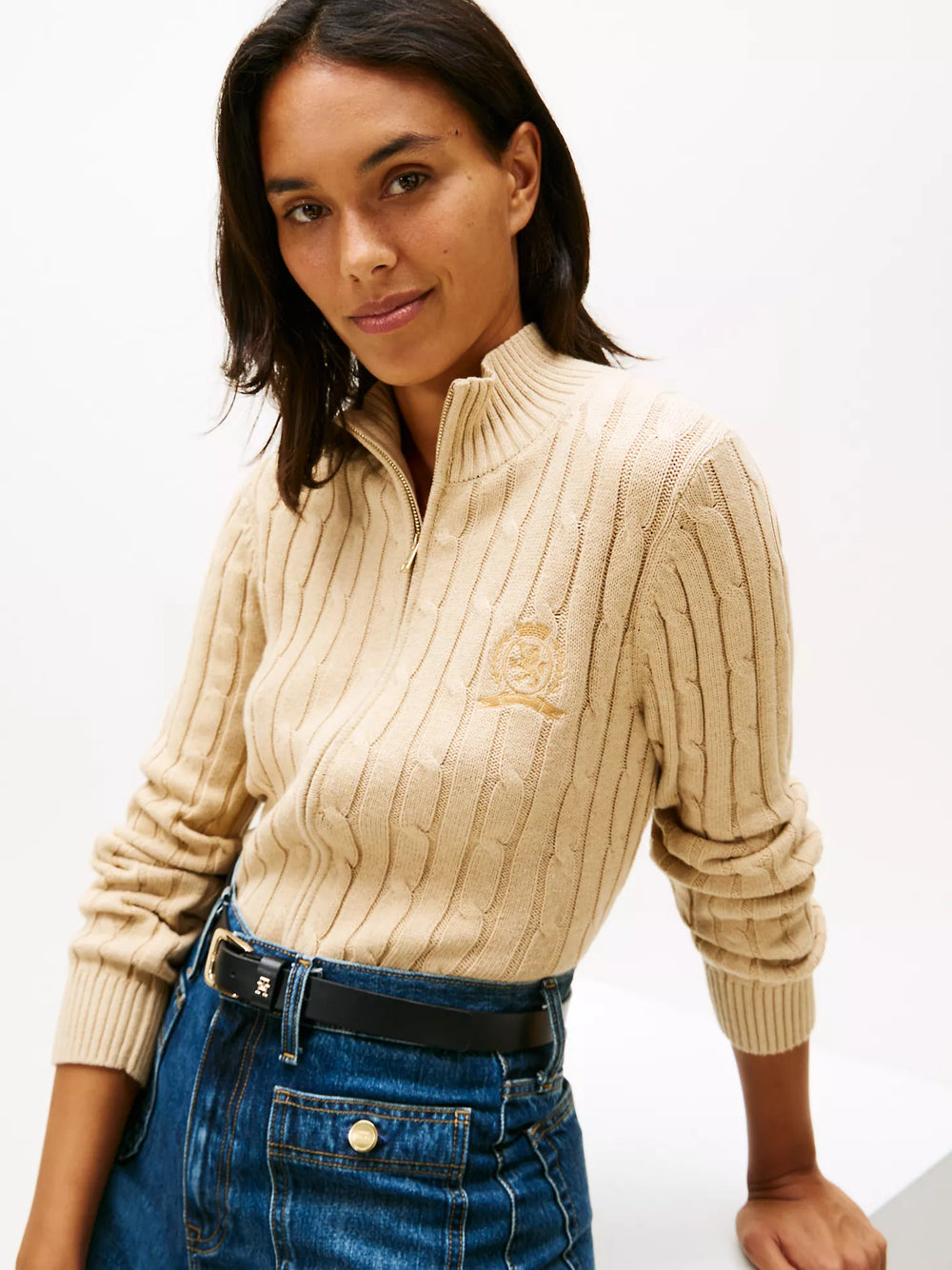 Crest Logo Cable Knit Zip Cardigan