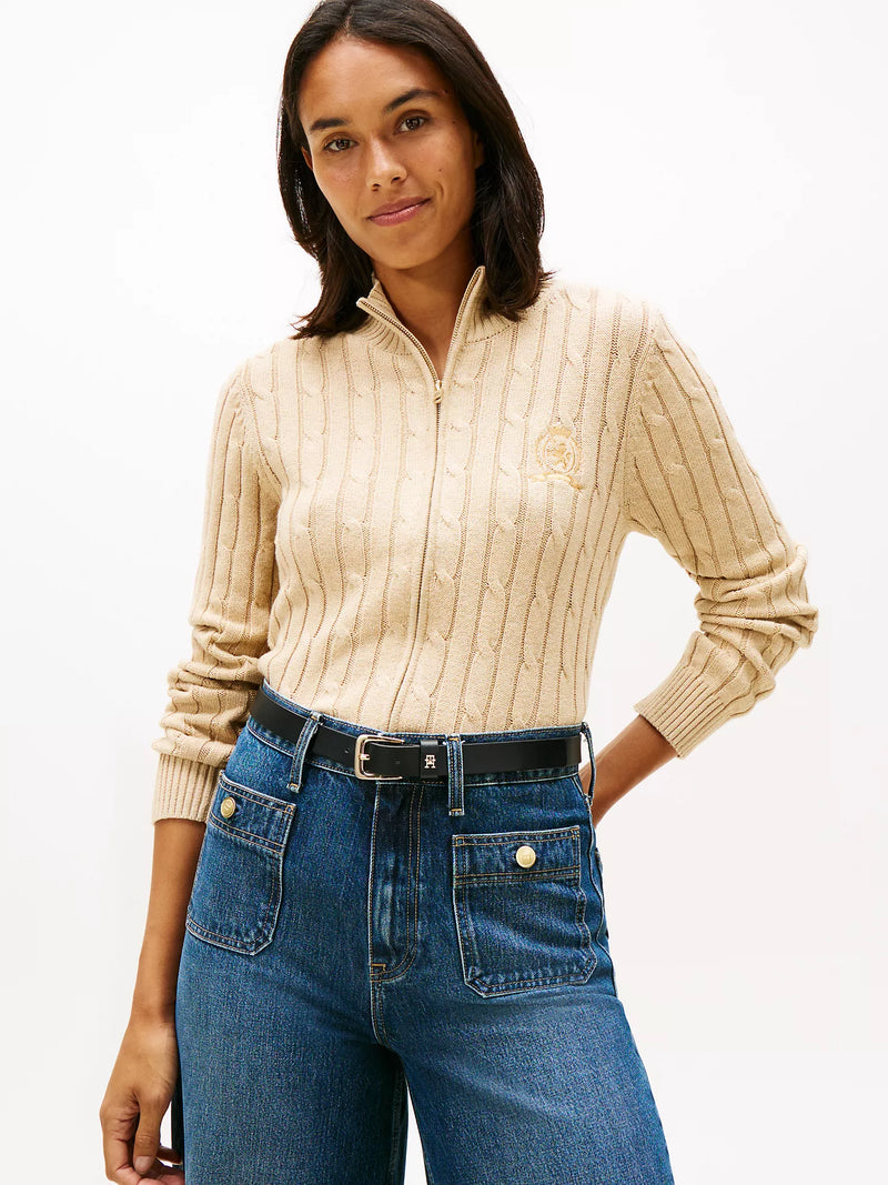 Crest Logo Cable Knit Zip Cardigan