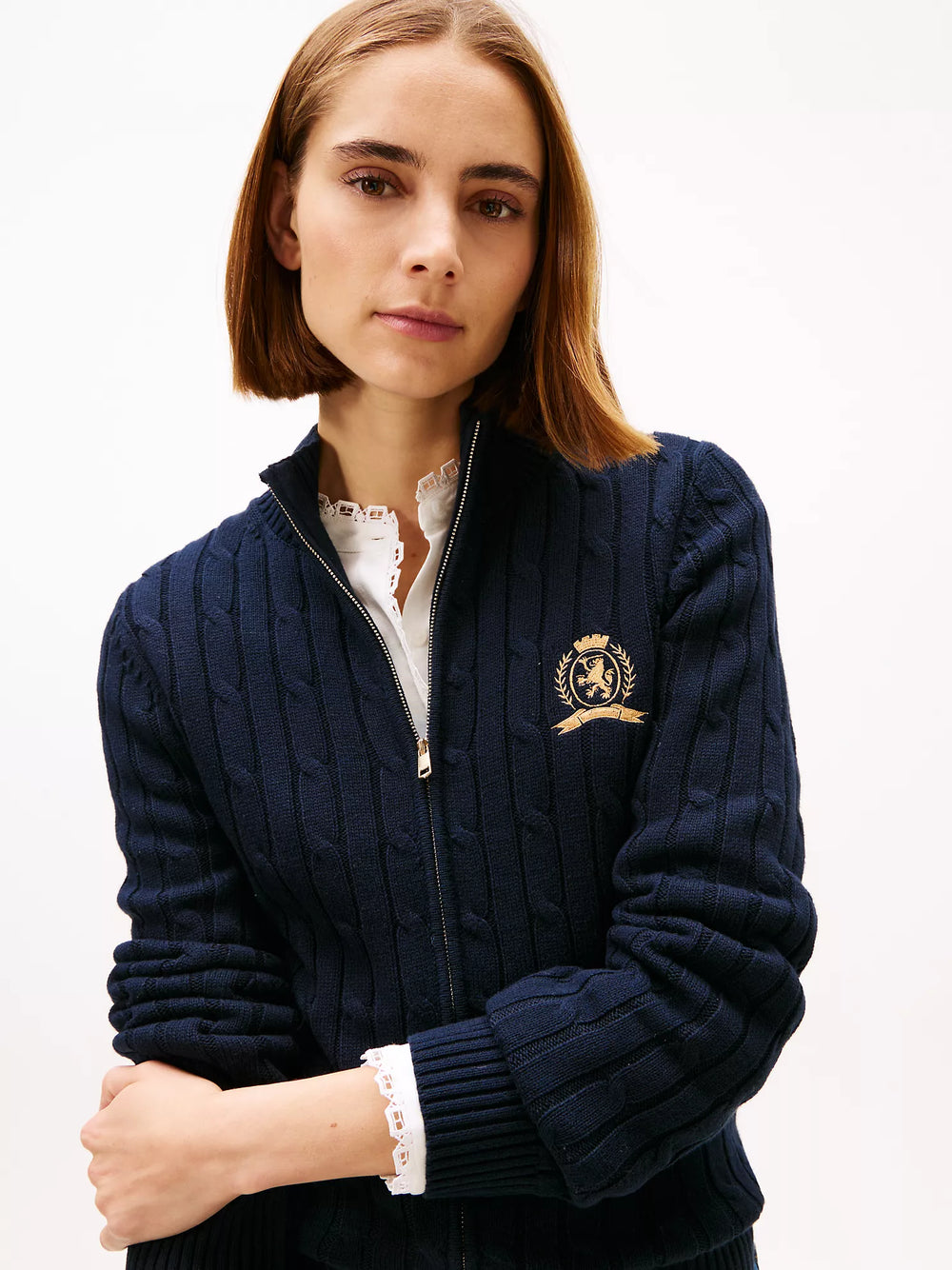 Crest Logo Cable Knit Zip Cardigan
