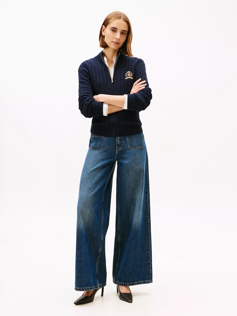 Crest Logo Cable Knit Zip Cardigan