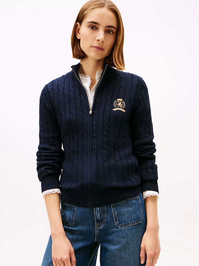 Crest Logo Cable Knit Zip Cardigan