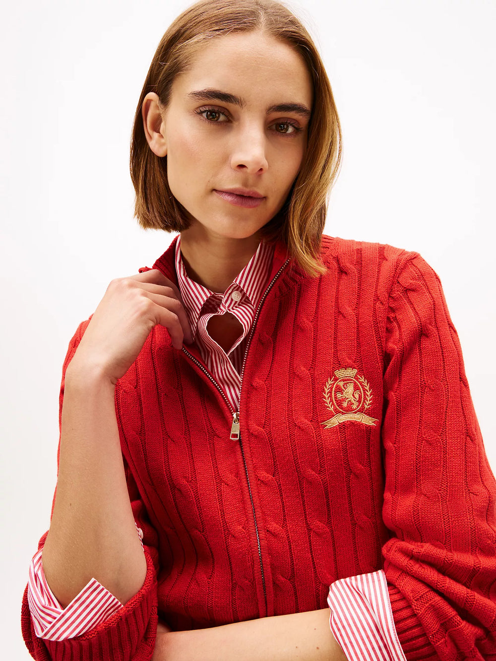 Crest Logo Cable Knit Zip Cardigan