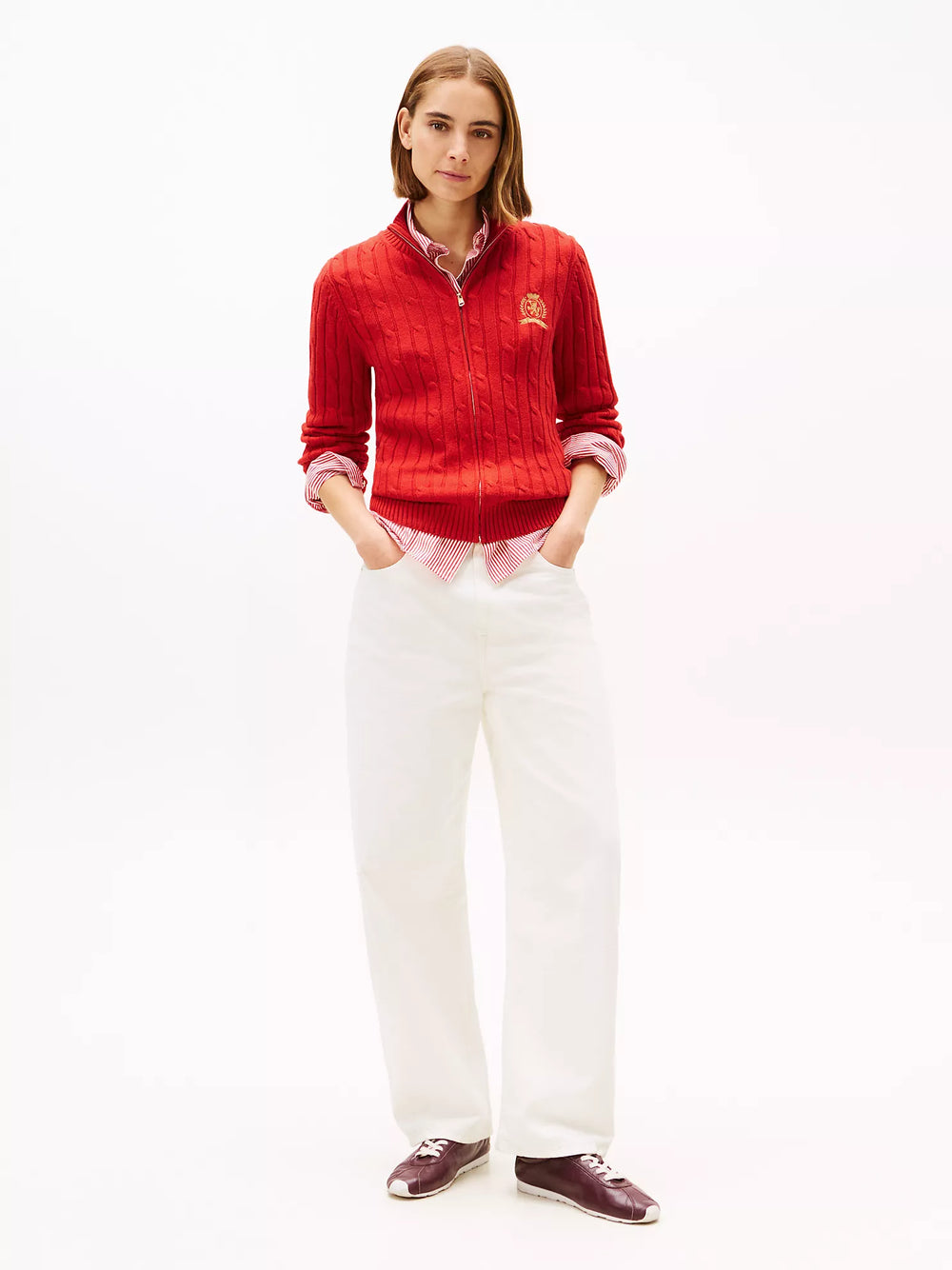 Crest Logo Cable Knit Zip Cardigan