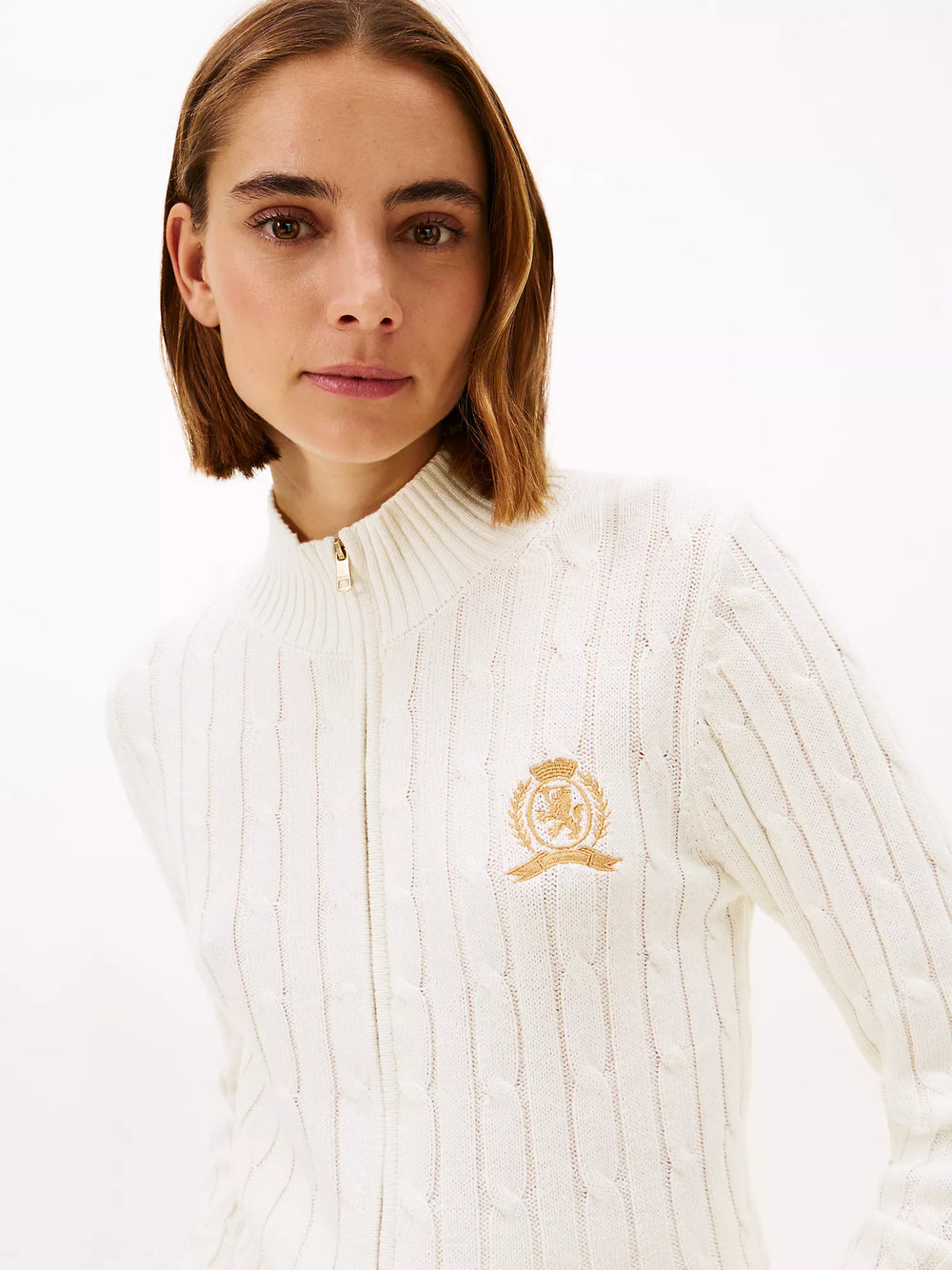 Crest Logo Cable Knit Zip Cardigan