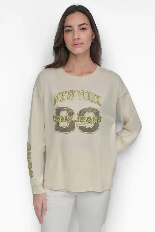 DKNY male 89 MULTI COLOR RHINESTONE LOGO LONG SLEEVE TEE