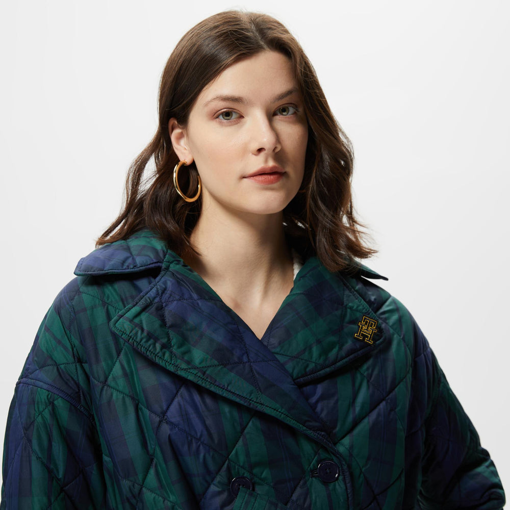 Tommy Hilfiger Check Quilted Peacoat Women's Green Coat