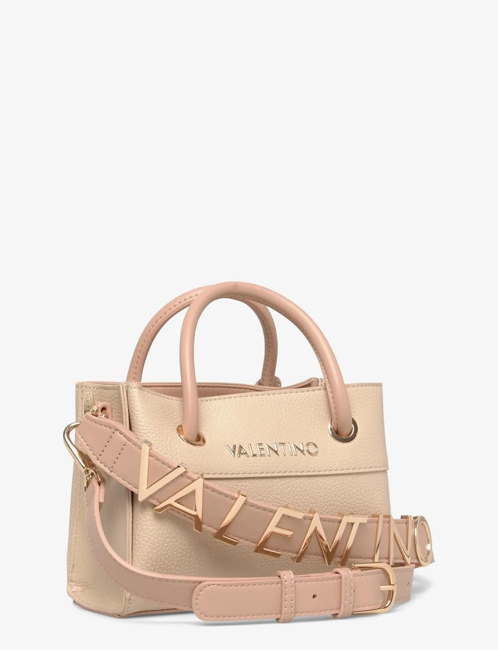 Valentino Alexia tote bag in ecru pebbled faux leather with a detachable logo strap and gold-tone hardware