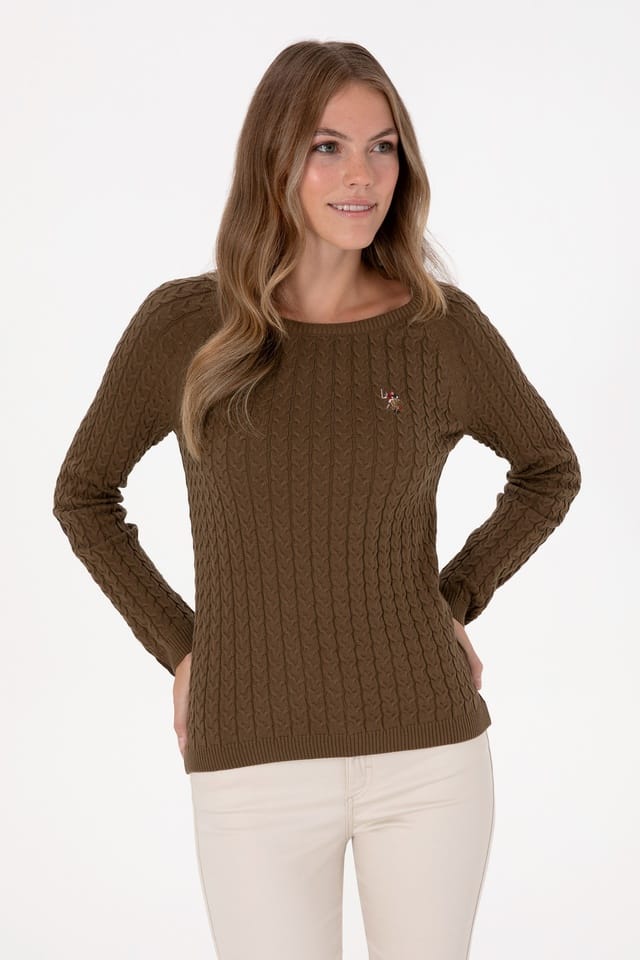 Women's Khaki Bicycle Collar Basic Sweater