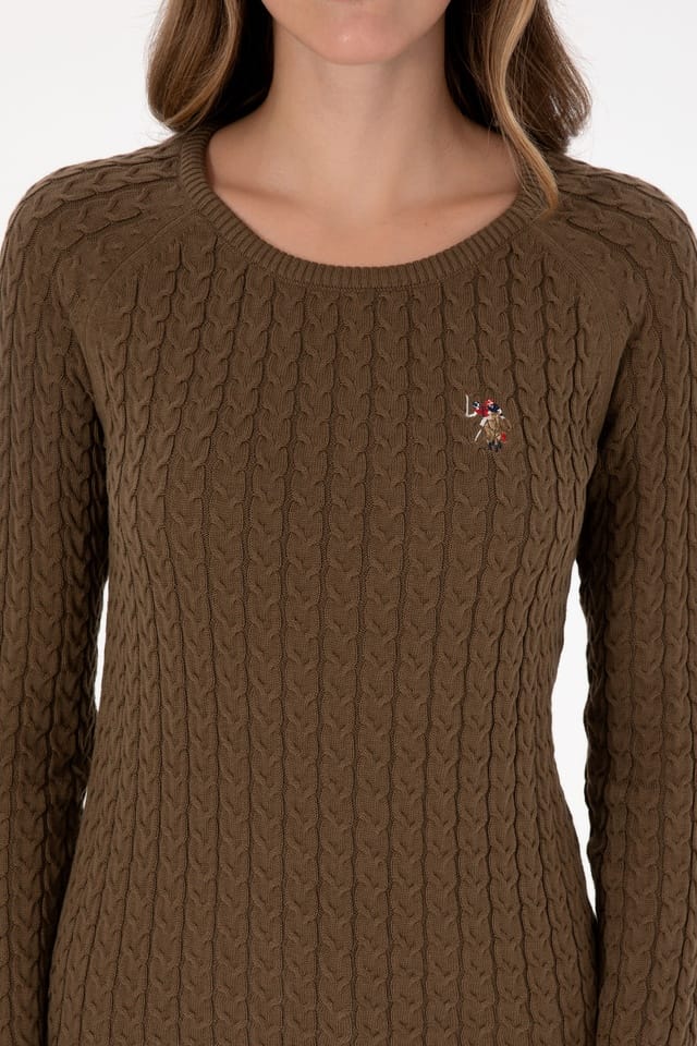 Women's Khaki Bicycle Collar Basic Sweater