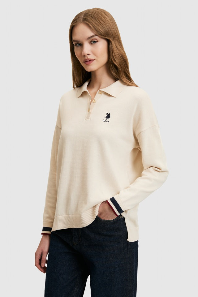 Women Cream Polo Collar Sweater
