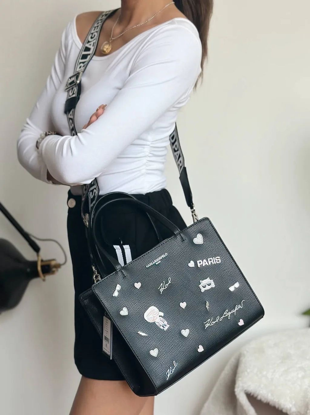 Karl Lagerfeld Paris Maybelle satchel with pins in a faux leather