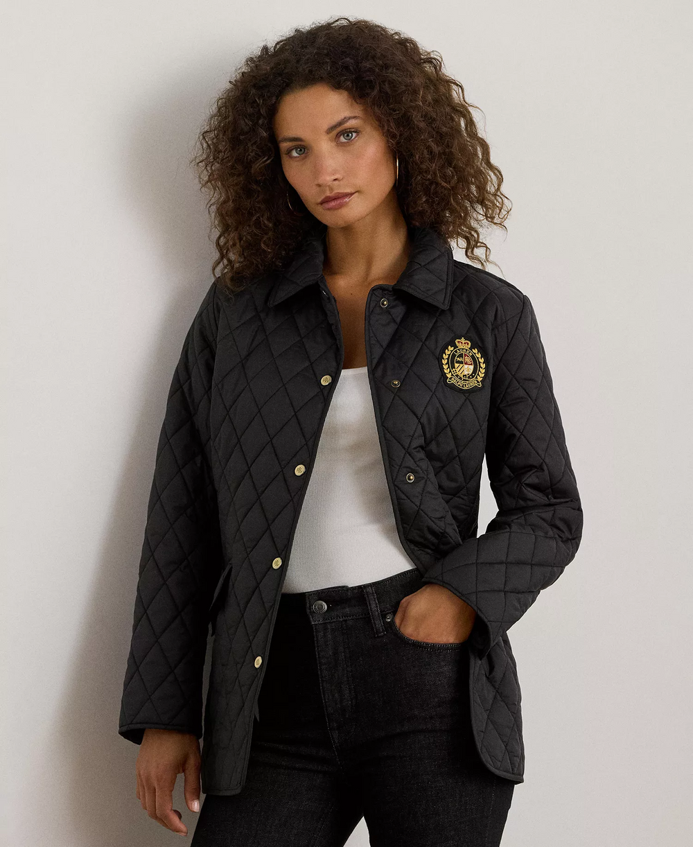 Faux-Leather-Trim Crest-Patch Jacket