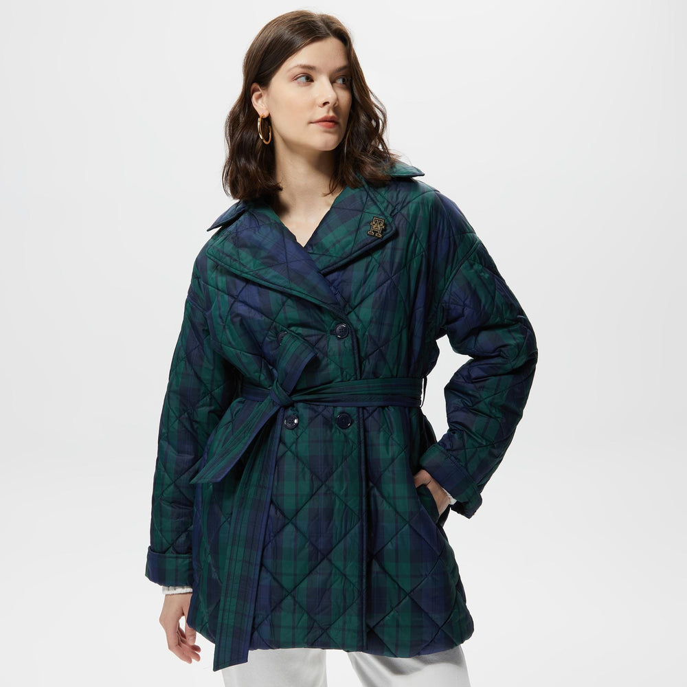 Tommy Hilfiger Check Quilted Peacoat Women's Green Coat