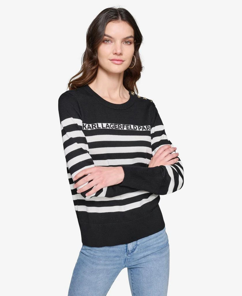 Karl Lagerfeld Paris STRIPED LOGO SWEATER WITH PINS