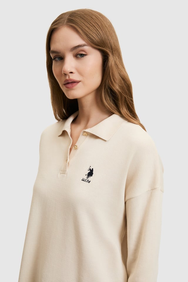 Women Cream Polo Collar Sweater