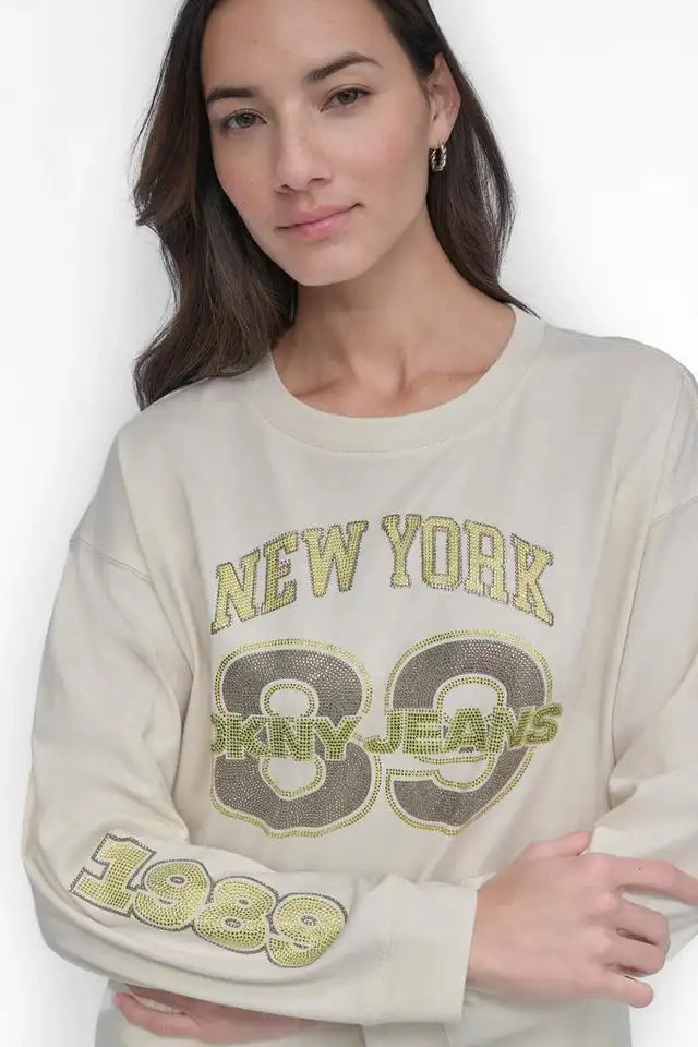 DKNY male 89 MULTI COLOR RHINESTONE LOGO LONG SLEEVE TEE