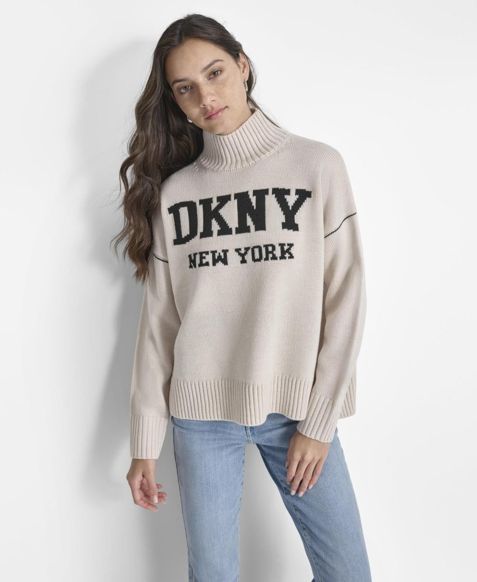 DKNY LOGO INTARSIA MOCK-NECK SWEATER