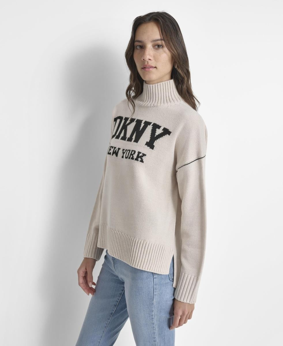 DKNY LOGO INTARSIA MOCK-NECK SWEATER