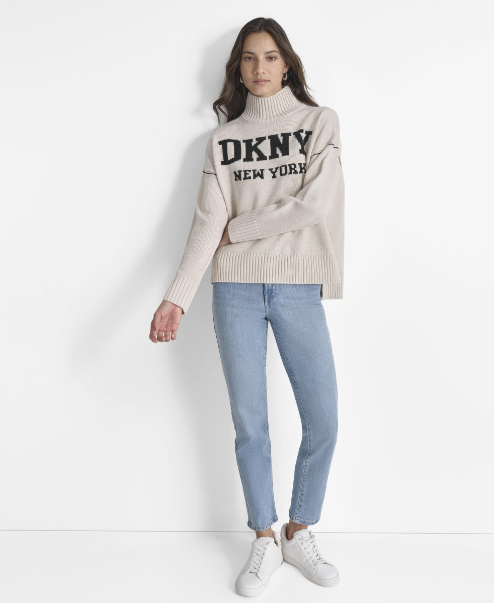 DKNY LOGO INTARSIA MOCK-NECK SWEATER