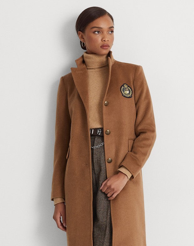Ralph Lauren Crest Patch Wool Blend Coat in camel