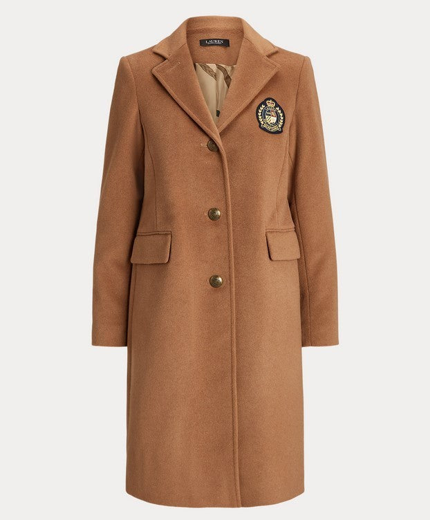 Ralph Lauren Crest Patch Wool Blend Coat in camel