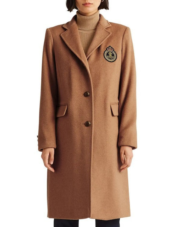 Ralph Lauren Crest Patch Wool Blend Coat in camel
