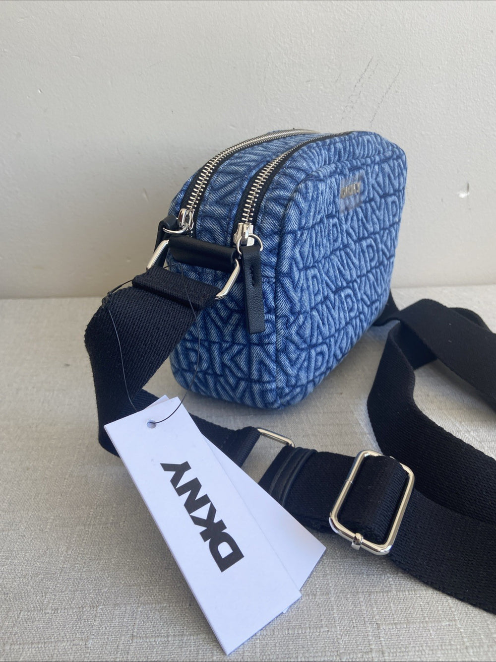 DKNY Womens Camera Tutu Denim Handbag Blue Double Zipper $168