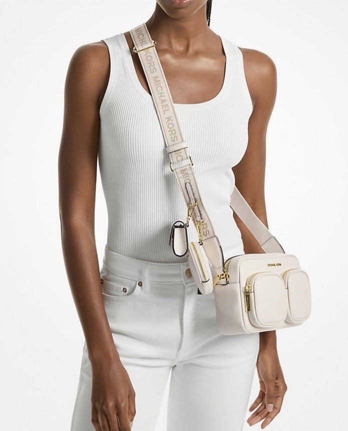 MICHAEL KORS Jet Set Travel Medium Leather Messenger Bag Light Cream