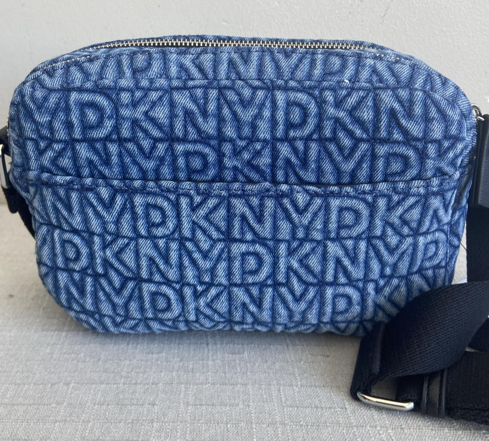DKNY Womens Camera Tutu Denim Handbag Blue Double Zipper $168