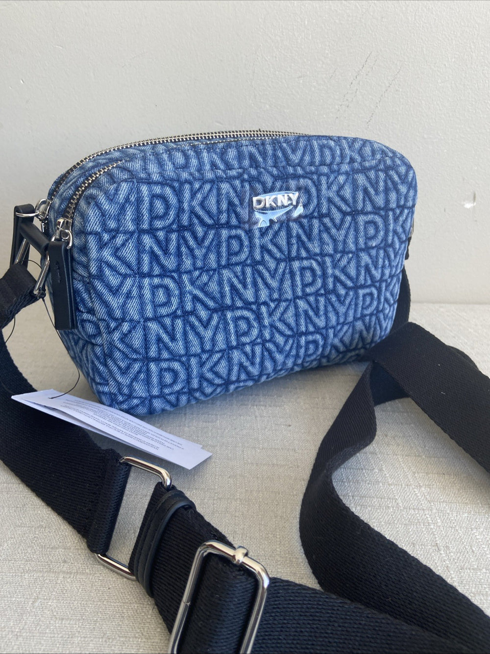 DKNY Womens Camera Tutu Denim Handbag Blue Double Zipper $168